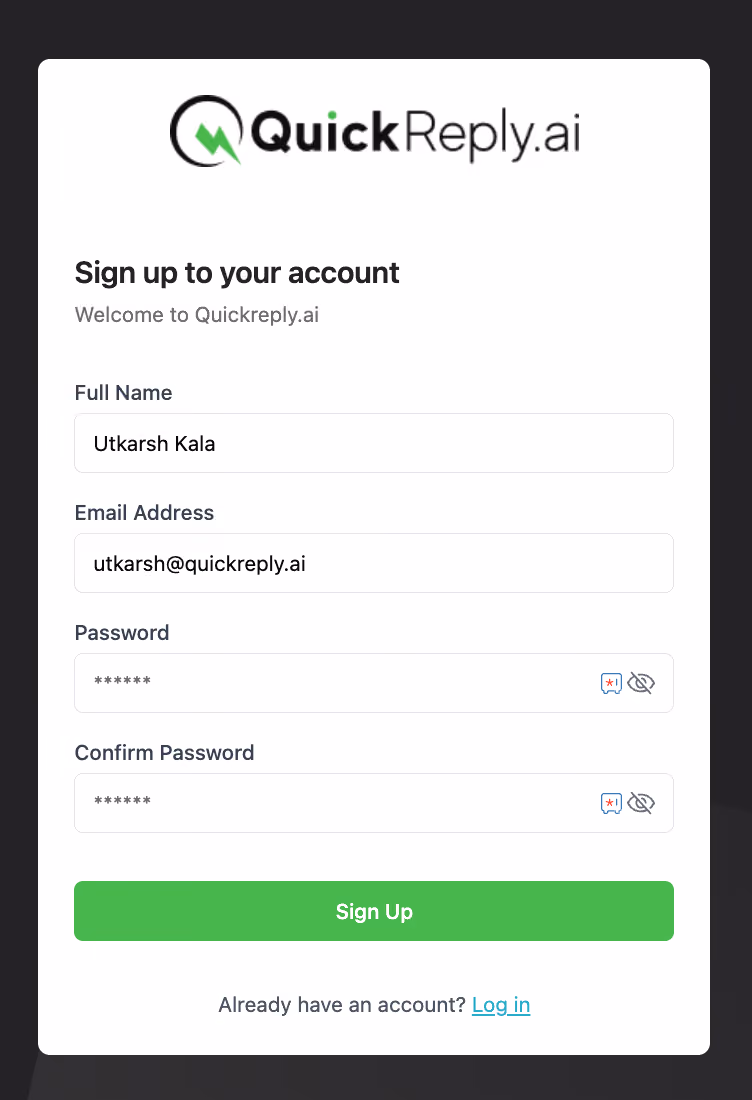 Sign-up to your QuickReply.ai Account