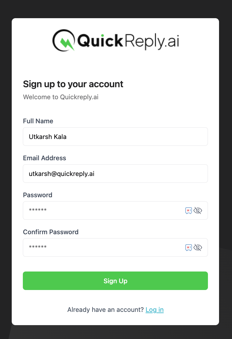 Sign-up to your QuickReply.ai Account
