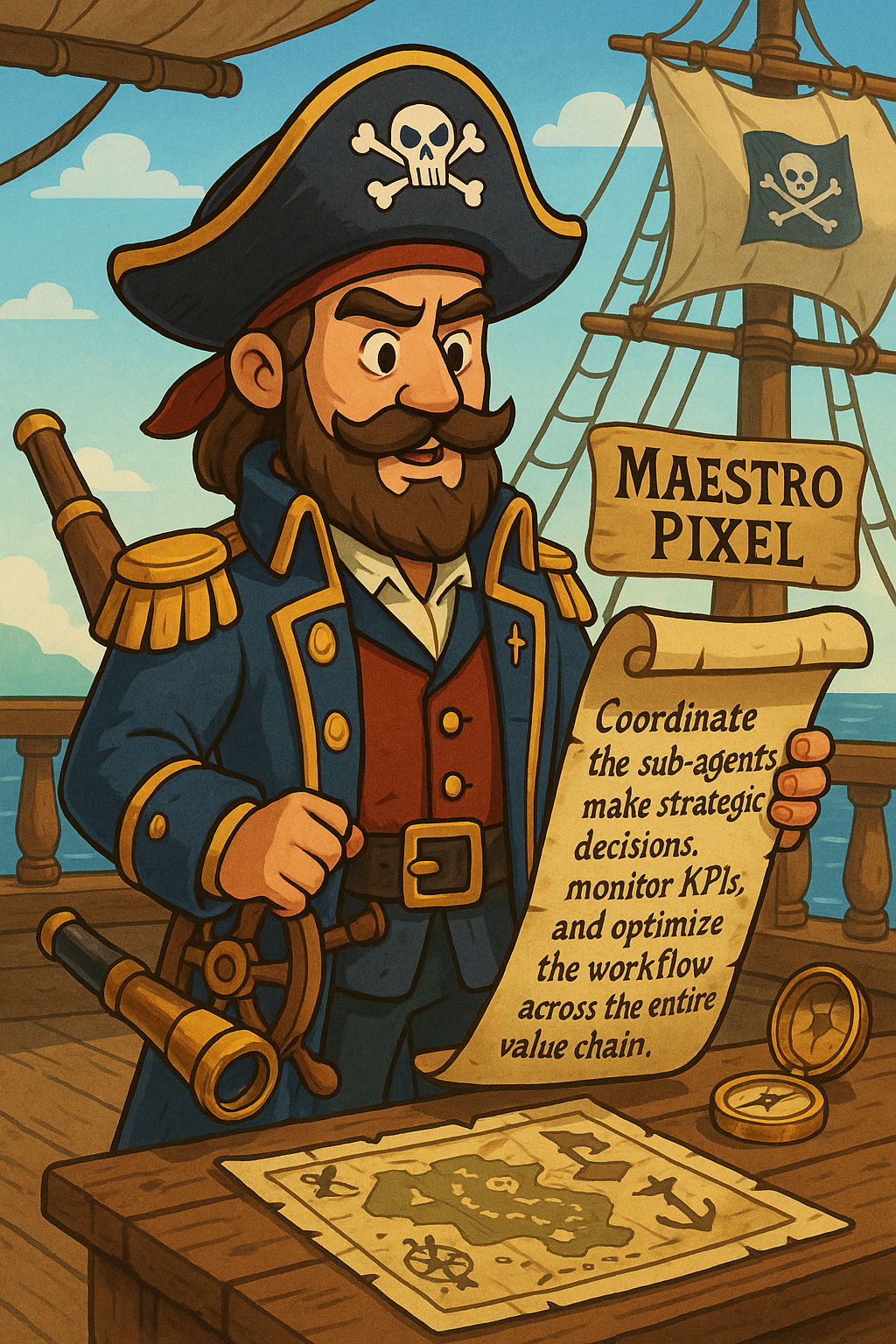 <b>Maestro Pixel</b>
Agent maître orchestrant via sous-agents spécialisés toute la chaîne de création de valeur des jeux mobiles multijoueur, de la conception au support client, en maximisant innovation et performance.