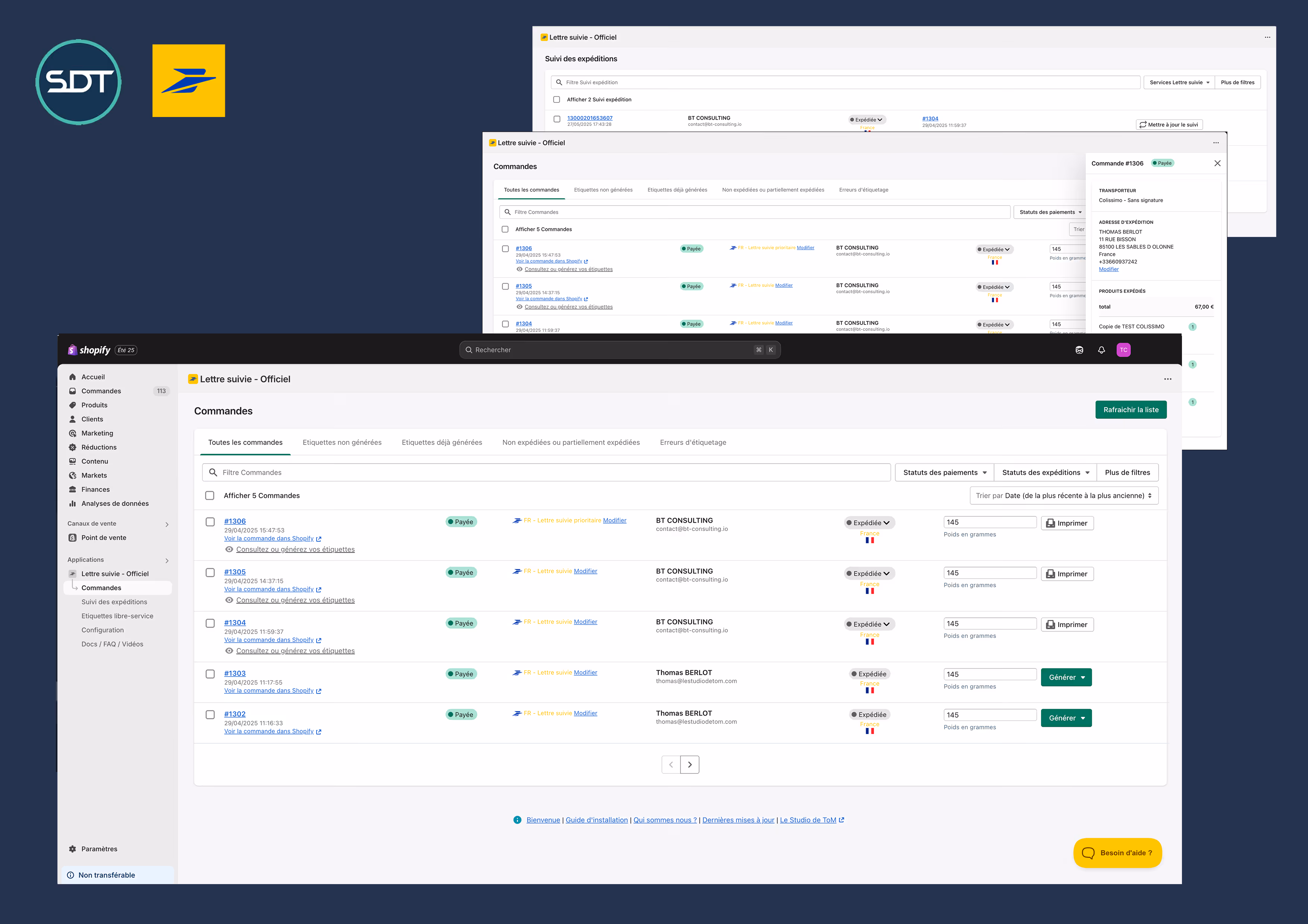 Vue commande de l'application Lettre Suivie Shopify