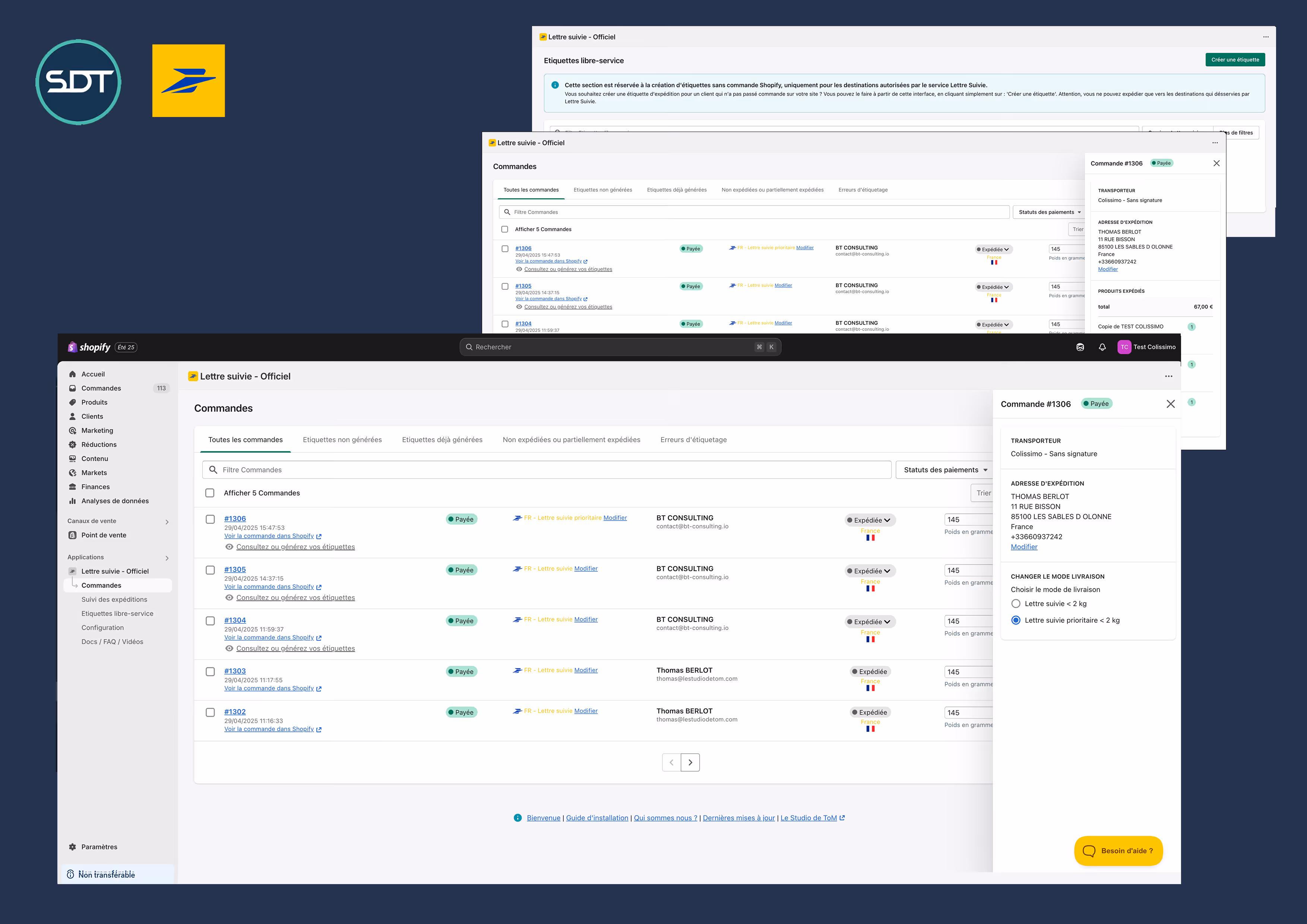 Vue application Lettre Suivie Shopify