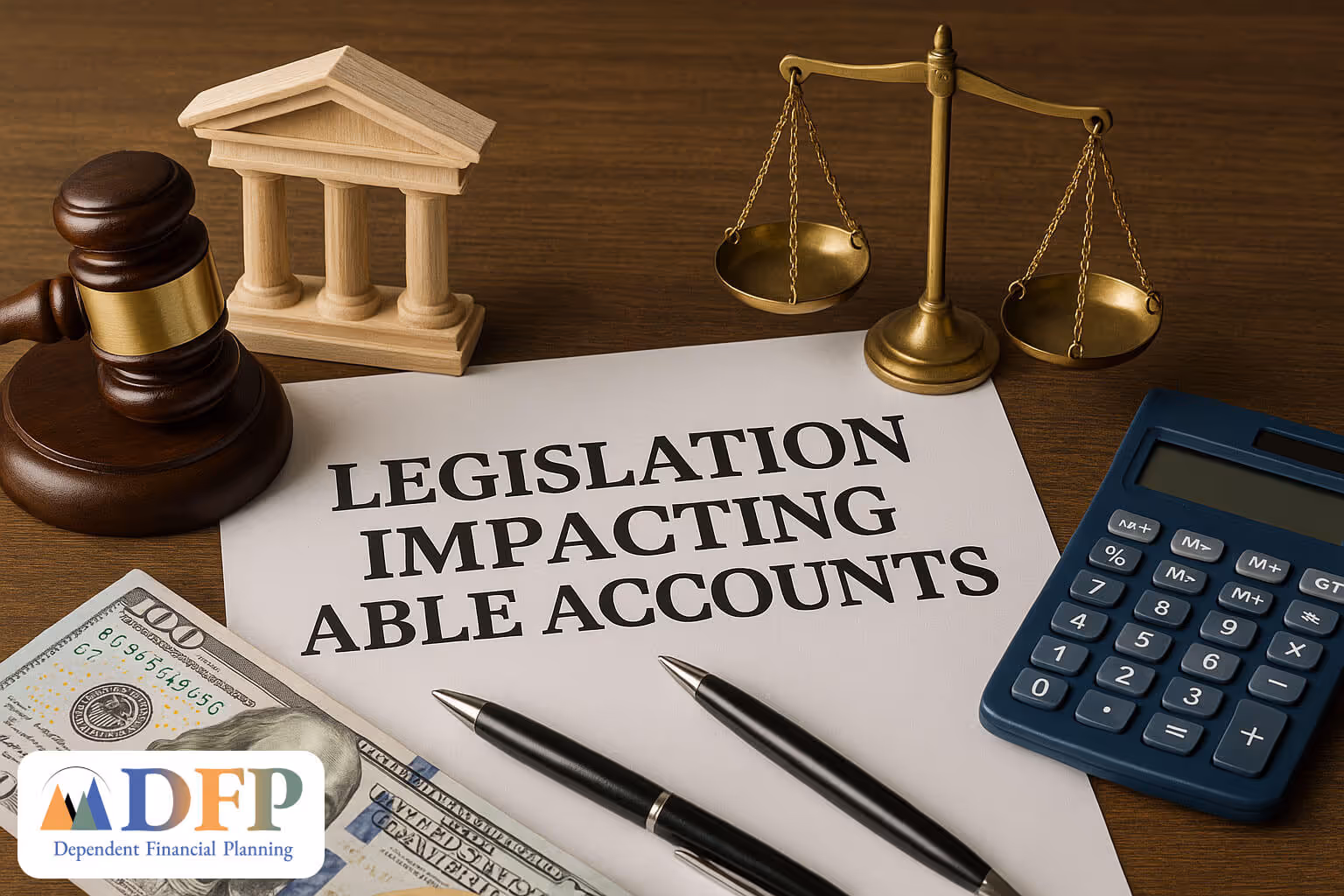 paper titled 'Legislation Impacting ABLE Accounts' surrounded by a gavel, courthouse model, balance scales, calculator, and money on a wooden desk - legislation impacting able accounts concept