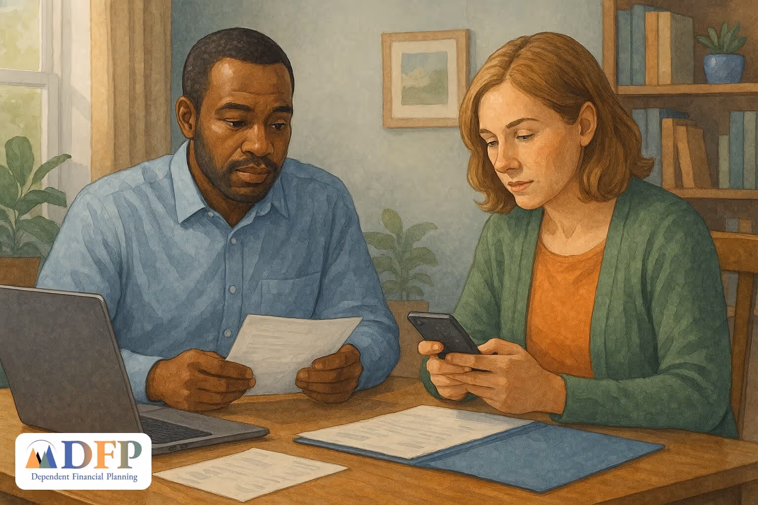 African American man and a Caucasian woman sit together at a wooden table in a home office, reviewing financial documents and using a smartphone and laptop in a calm, supportive setting