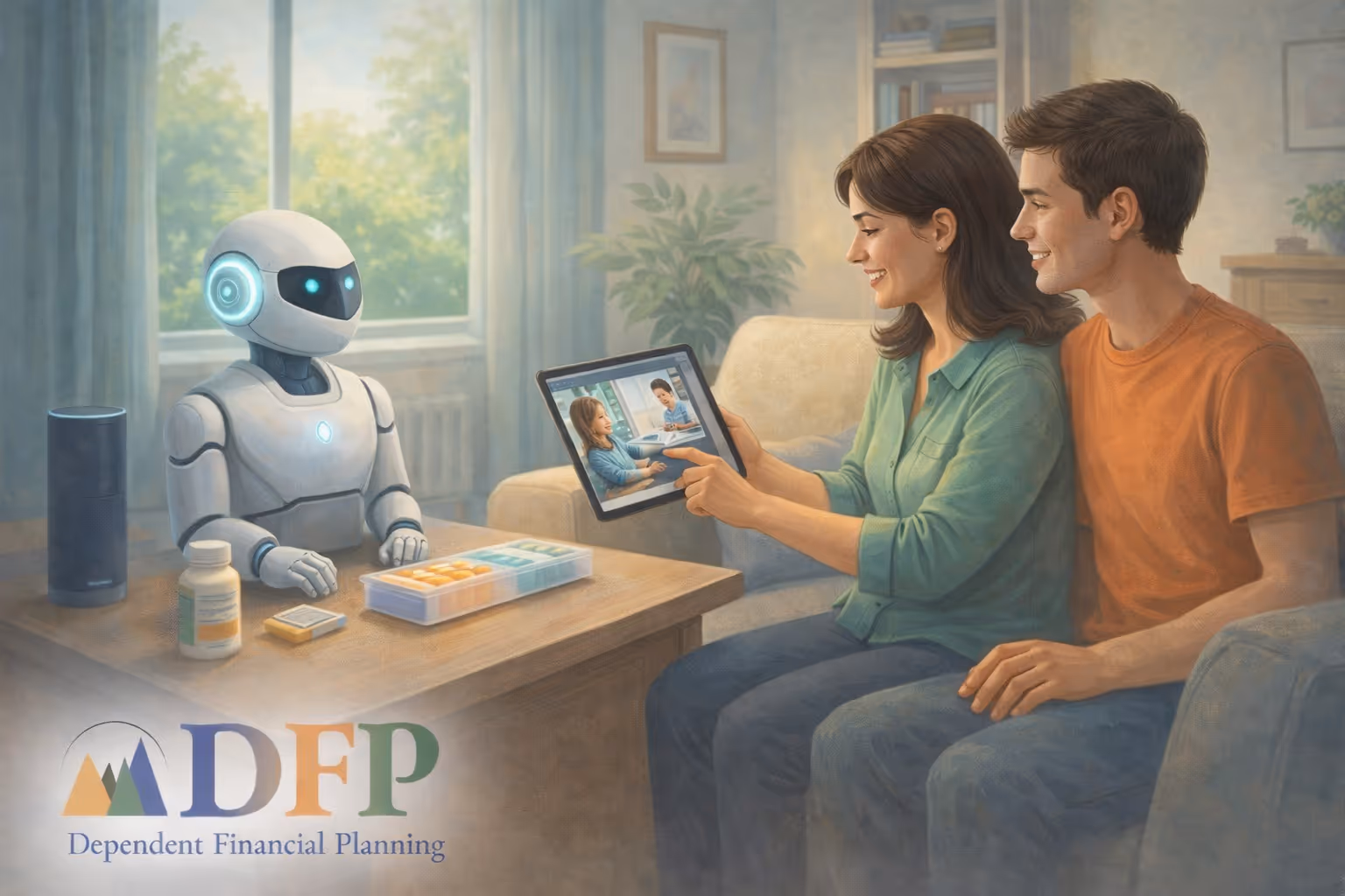 Illustration of a caregiver and family member using a tablet with AI tools in a bright living room, assisted by a friendly robot