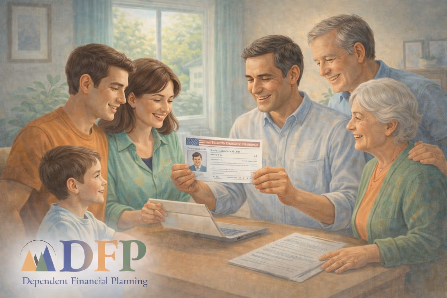 Illustration of a multi-generational family gathered at a table reviewing benefit documents on a laptop and paper, with warm expressions
