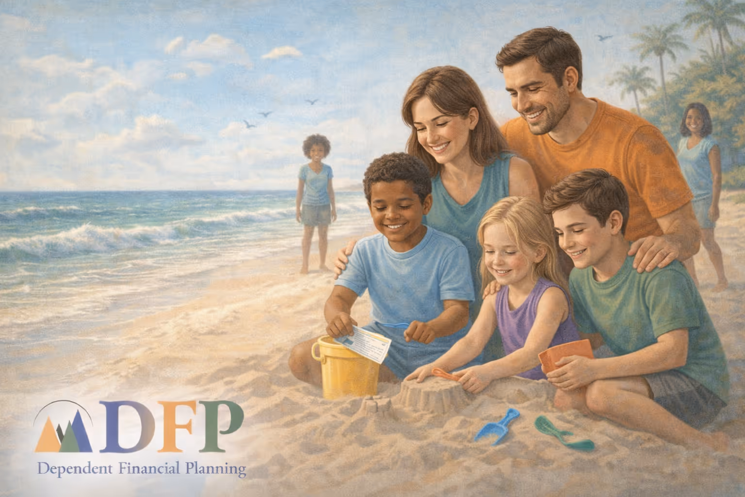 Illustration of a blended family enjoying time together on a sunny beach while building sandcastles