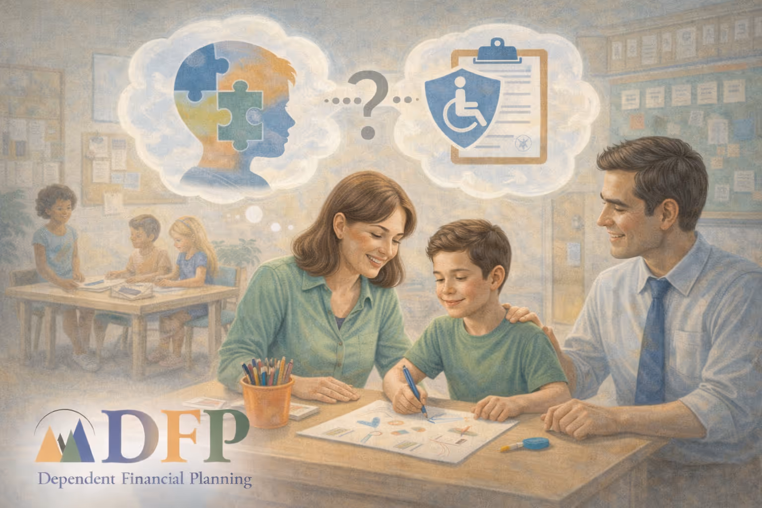 Illustration of a student working at a desk in a classroom with supportive adults nearb