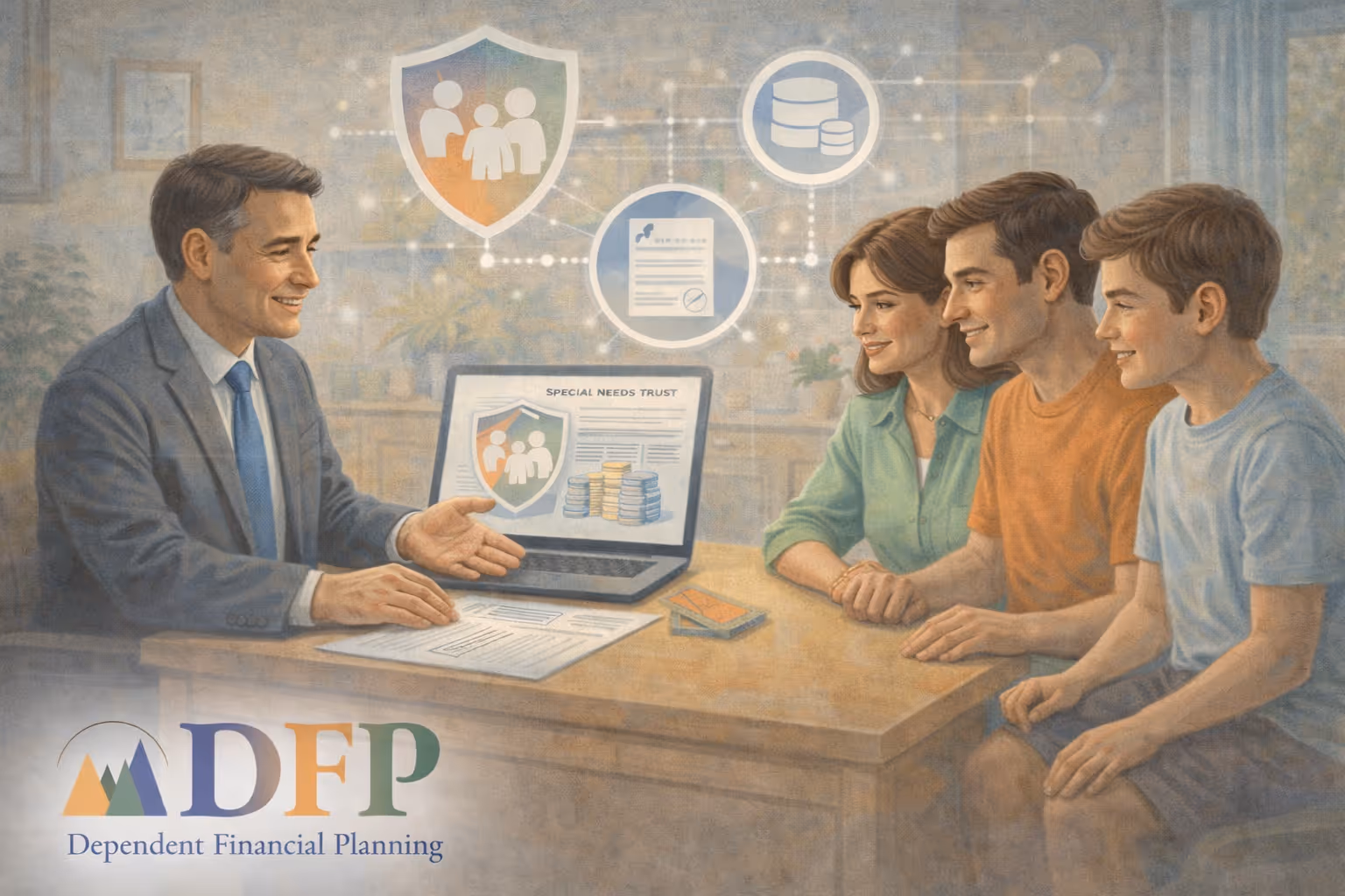 Illustration of a financial advisor meeting with a family in a home office to discuss special needs trust planning