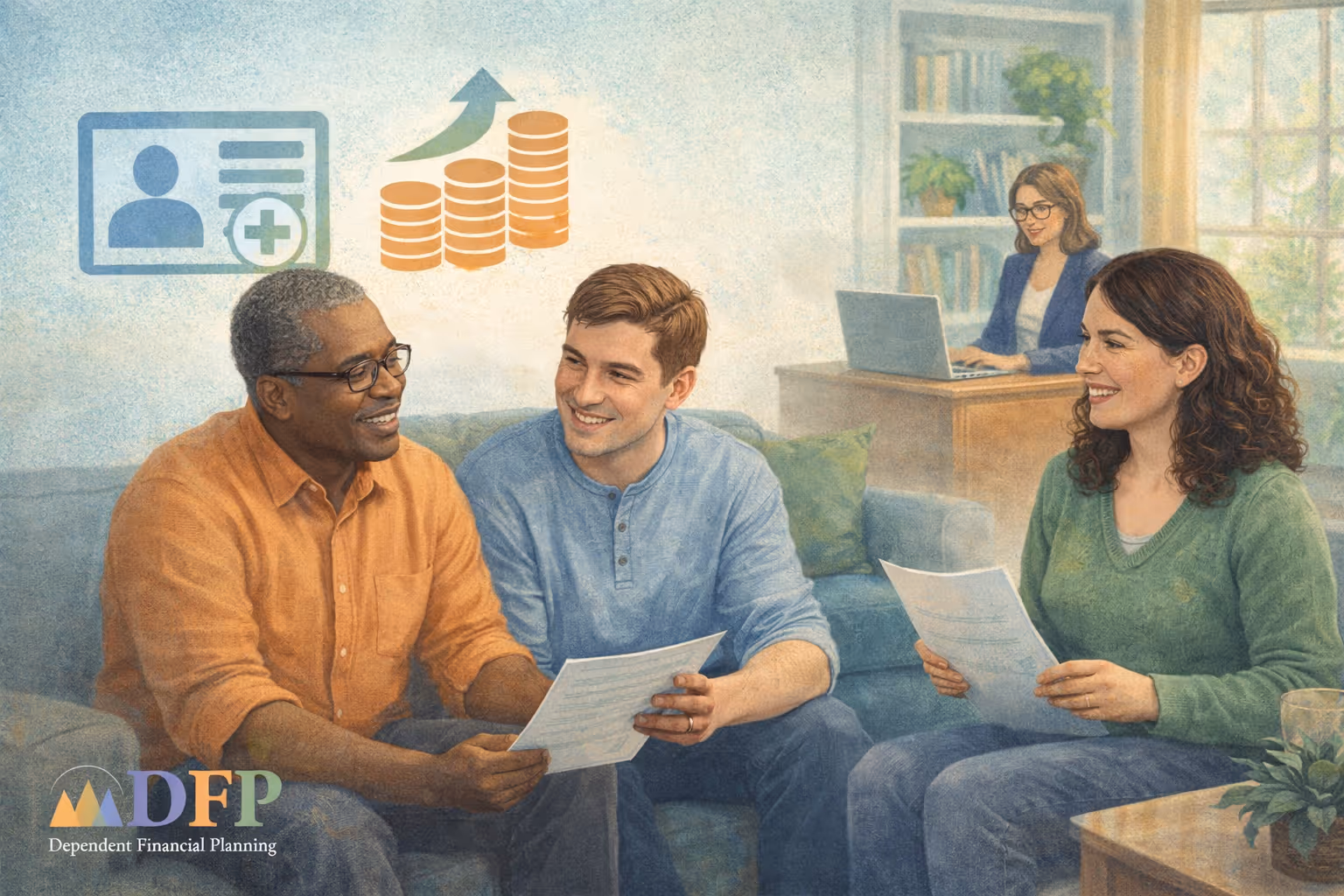 Illustration of a financial advisor meeting with three adults in a living room, reviewing documents about ABLE account eligibility and contribution changes