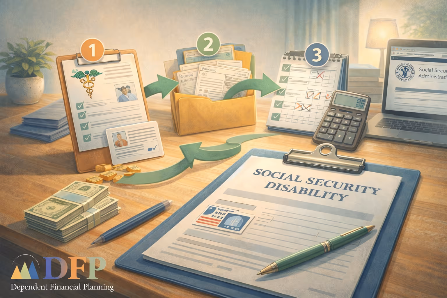 Illustration of organized documents, checklists, and financial records arranged in steps on a desk, leading to a Social Security disability application clipboar