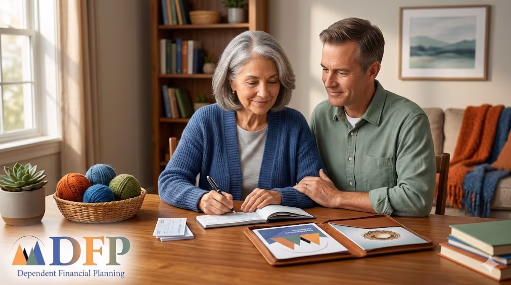 An adult couple (man and woman in their 50s-60s) sitting together at a wooden table in their home living room, engaged in collaborative financial planning. The woman is smiling while writing in a notebook, and the man has his arm around her, looking on with a supportive expression.