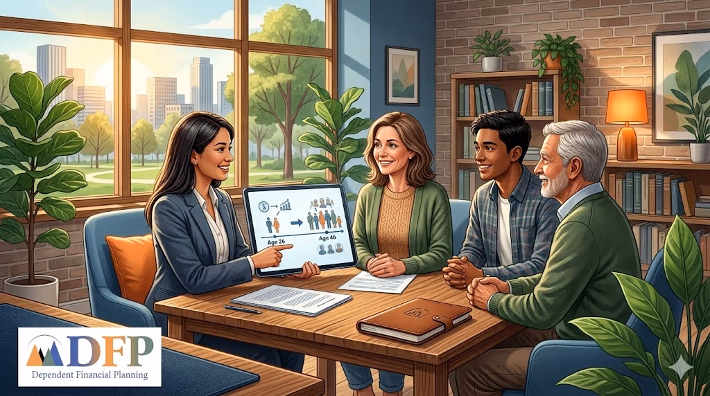 The scene features a Special Needs Certified Financial Planner® presenting an age adjustment timeline from 26 to 46, symbolizing how more people will be able to qualify for ABLE accounts starting in 2026