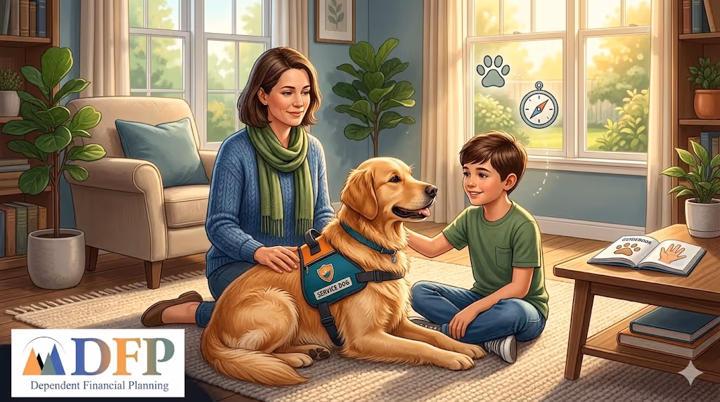 A mother and son sit happily on a living room rug with a smiling Golden Retriever service dog wearing a "SERVICE DOG" harness
