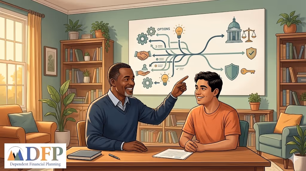 An older man and a younger man sit at a desk in a warm, sunlit office, smiling while discussing legal options for adulthood. The older man points to a whiteboard illustrating a flowchart of paths labeled "Options,"