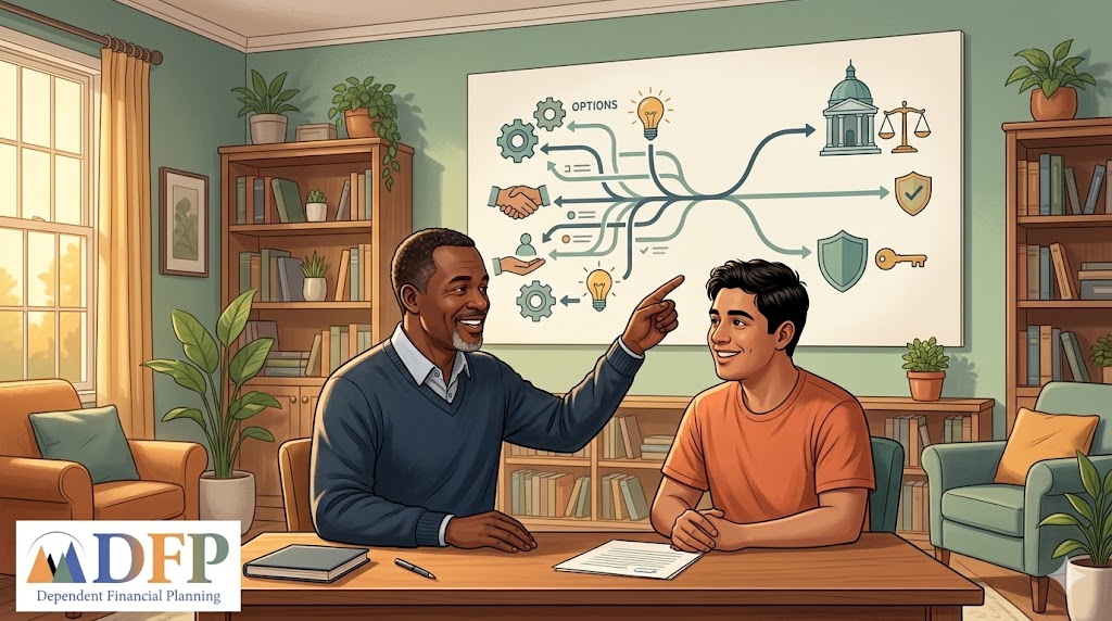 An older man and a younger man sit at a desk in a warm, sunlit office, smiling while discussing legal options for adulthood. The older man points to a whiteboard illustrating a flowchart of paths labeled "Options,"