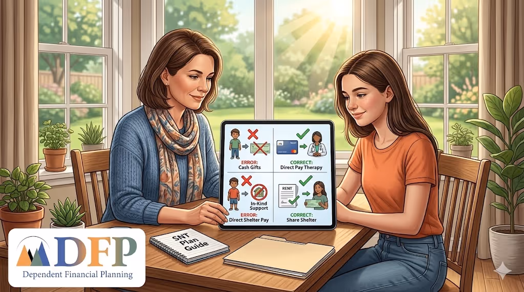 A mother and her teenage daughter sit together at a wooden table in a sunlit dining room, looking at a tablet. The tablet displays a four-panel diagram explaining "Errors" vs. "Correct" actions for Special Needs Trusts