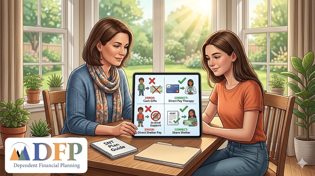 A mother and her teenage daughter sit together at a wooden table in a sunlit dining room, looking at a tablet. The tablet displays a four-panel diagram explaining "Errors" vs. "Correct" actions for Special Needs Trusts
