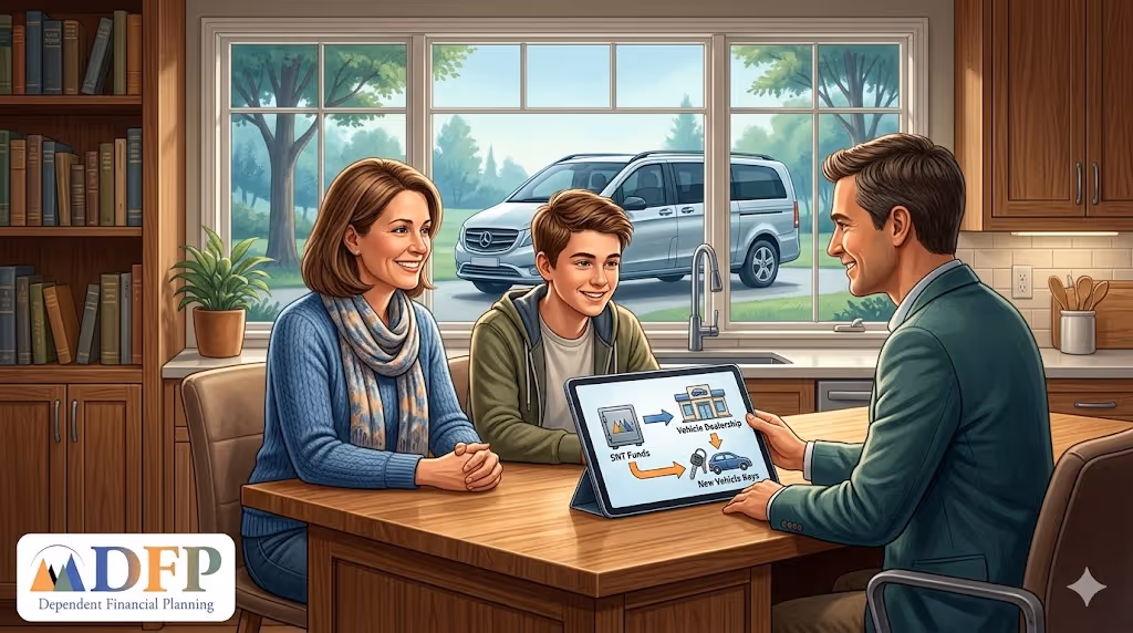 A mother and her teenage son sit at a kitchen table, smiling as they meet with a financial planner. The planner holds a tablet showing a flowchart titled "SNT Funds