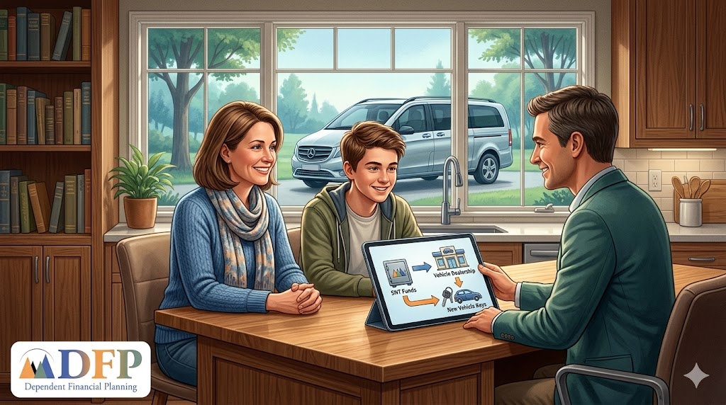 A mother and her teenage son sit at a kitchen table, smiling as they meet with a financial planner. The planner holds a tablet showing a flowchart titled "SNT Funds