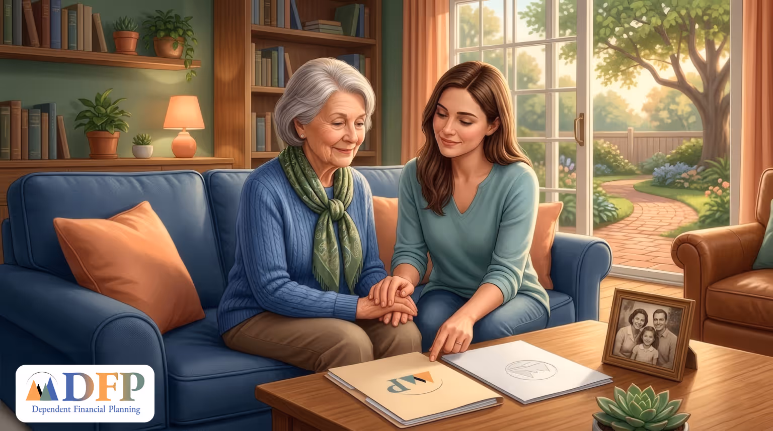 An elderly woman and a younger woman are sitting comfortably together on a blue sofa in a cozy, sunlit living room with bookshelves