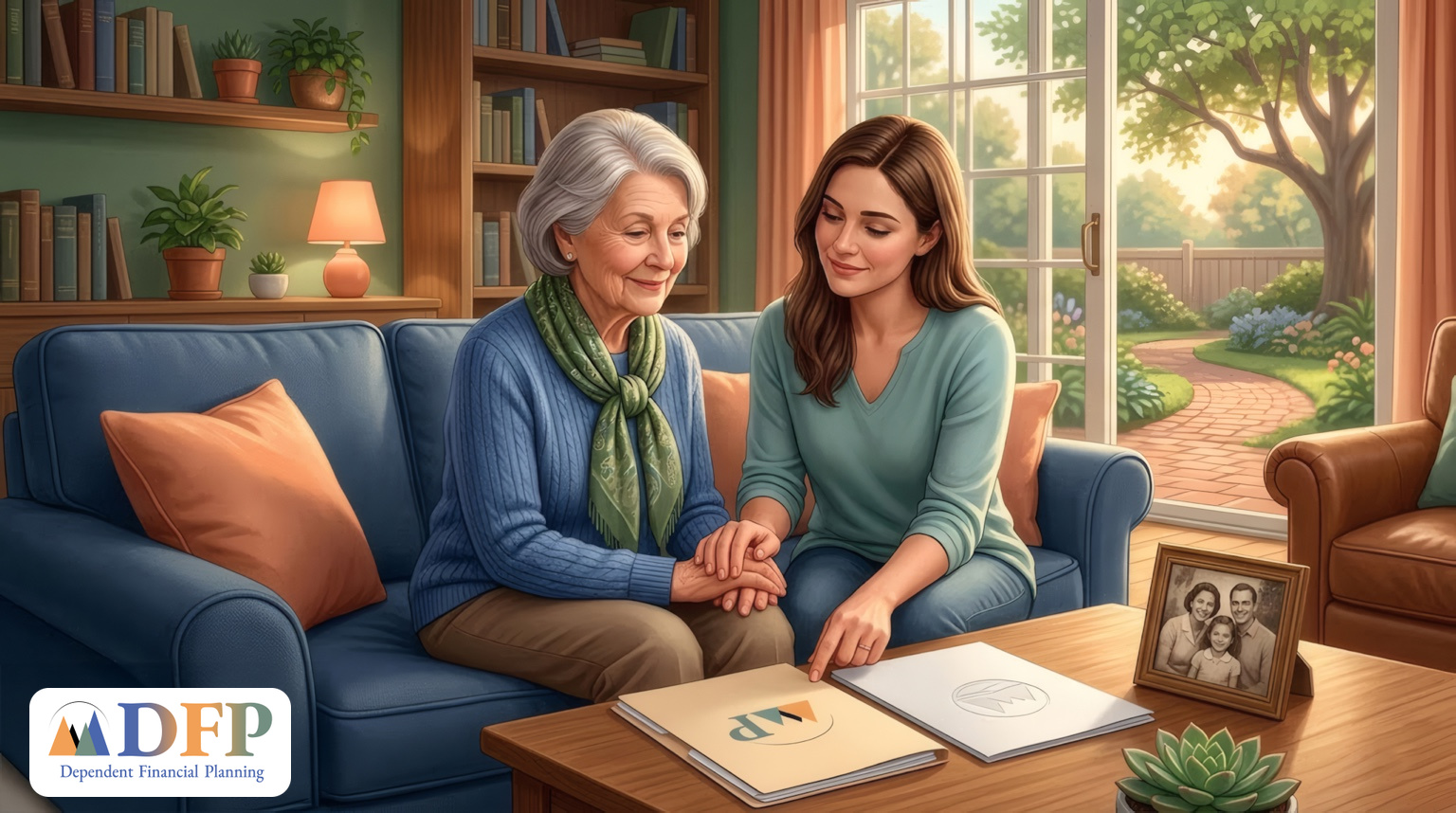 An elderly woman and a younger woman are sitting comfortably together on a blue sofa in a cozy, sunlit living room with bookshelves