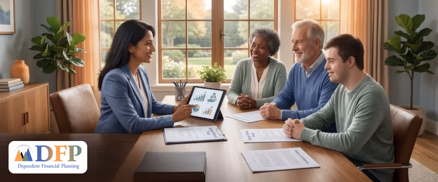 a smiling older couple interacting with a friendly financial planner, while a few stylized moving boxes in the background signify the transition