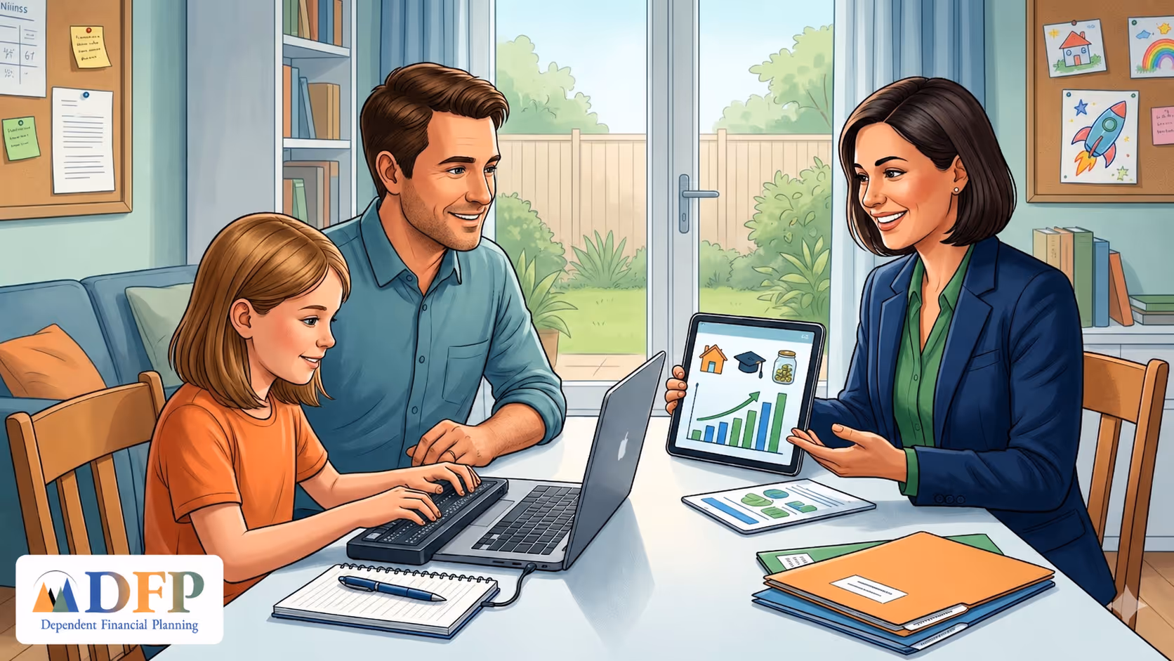 Illustrated financial planning consultation scene featuring a financial advisor meeting with a father and young daughter at a table in a bright home office
