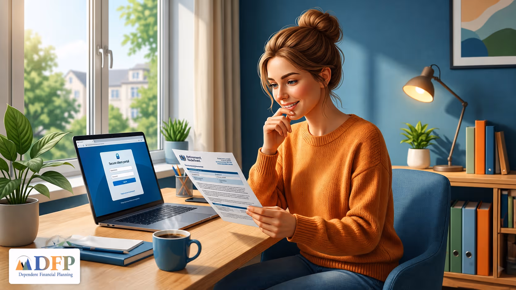 Illustrated home office scene featuring a woman reviewing financial documents at a wooden desk beside a laptop displaying a secure client portal login screen