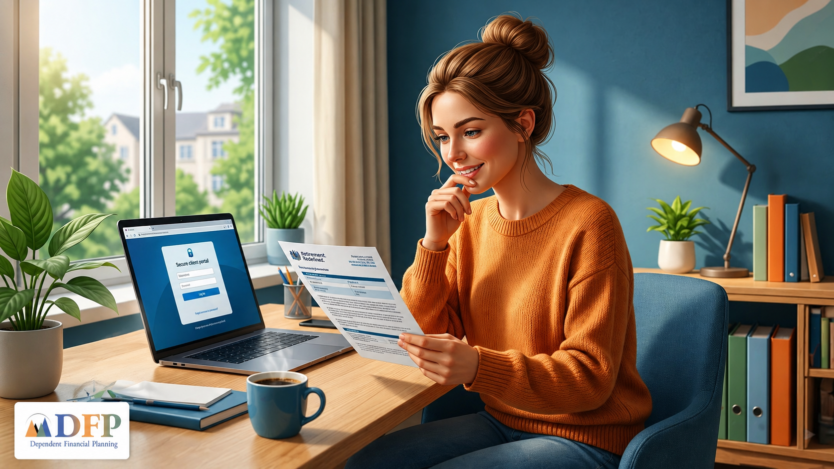 Illustrated home office scene featuring a woman reviewing financial documents at a wooden desk beside a laptop displaying a secure client portal login screen