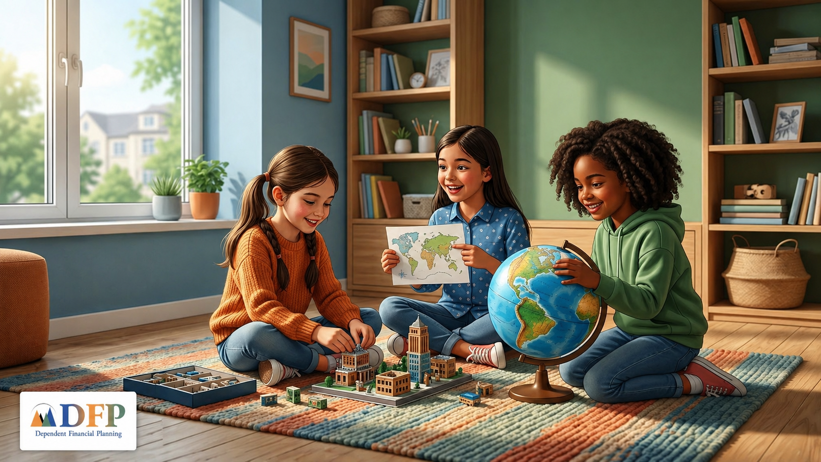 group of girls playing with maps and a globe on a bedroom floor