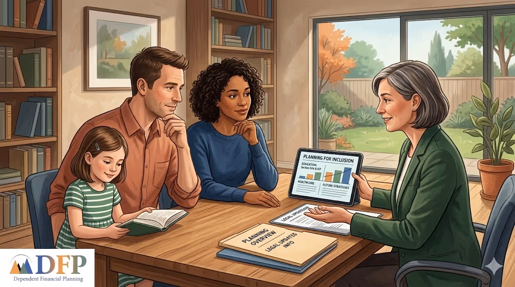 realistic illustration of a diverse family—a man, a woman, and a young girl—consulting with a female professional in a sunlit home office. The professional points to a tablet displaying "Planning for Inclusion" with colorful charts