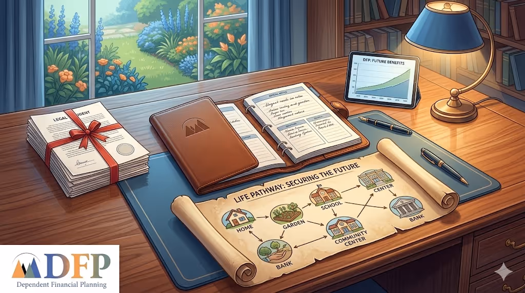 lifelike illustration of a wooden desk featuring a parchment-style "Life Pathway" map that connects icons for home, school, and community support. The desk is organized with a leather binder, a stack of legal documents tied with a red ribbon, and a tablet displaying a "Future Benefits" growth chart.
