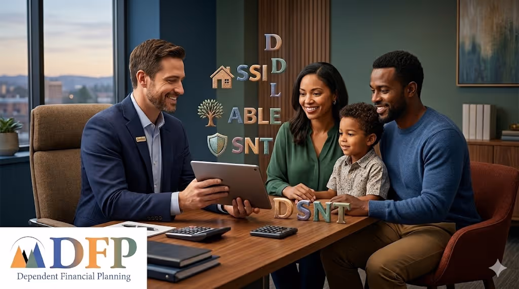professional Special Needs Certified Financial Planner, distinct and smiling warmly, holds a tablet and meets with a diverse family of three (mother, father, young son). A structured visualization on the tablet screen shows textured, dimensional acronym letters and icons