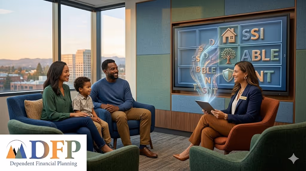 A female financial advisor with a nametag reading 'Sarah Collins' holds a tablet while speaking with a diverse family of three (mother, father, young son) in a modern office with a city skyline view at dusk in the background