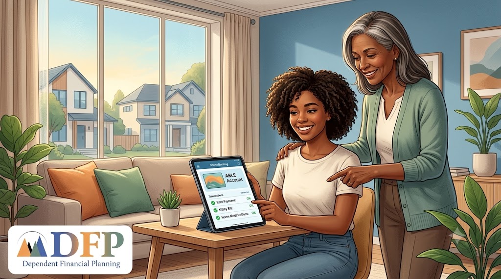 Digital illustration of a young woman and an older woman smiling together in a sunlit living room while reviewing an ABLE account dashboard on a tablet showing verified rent and utility payments