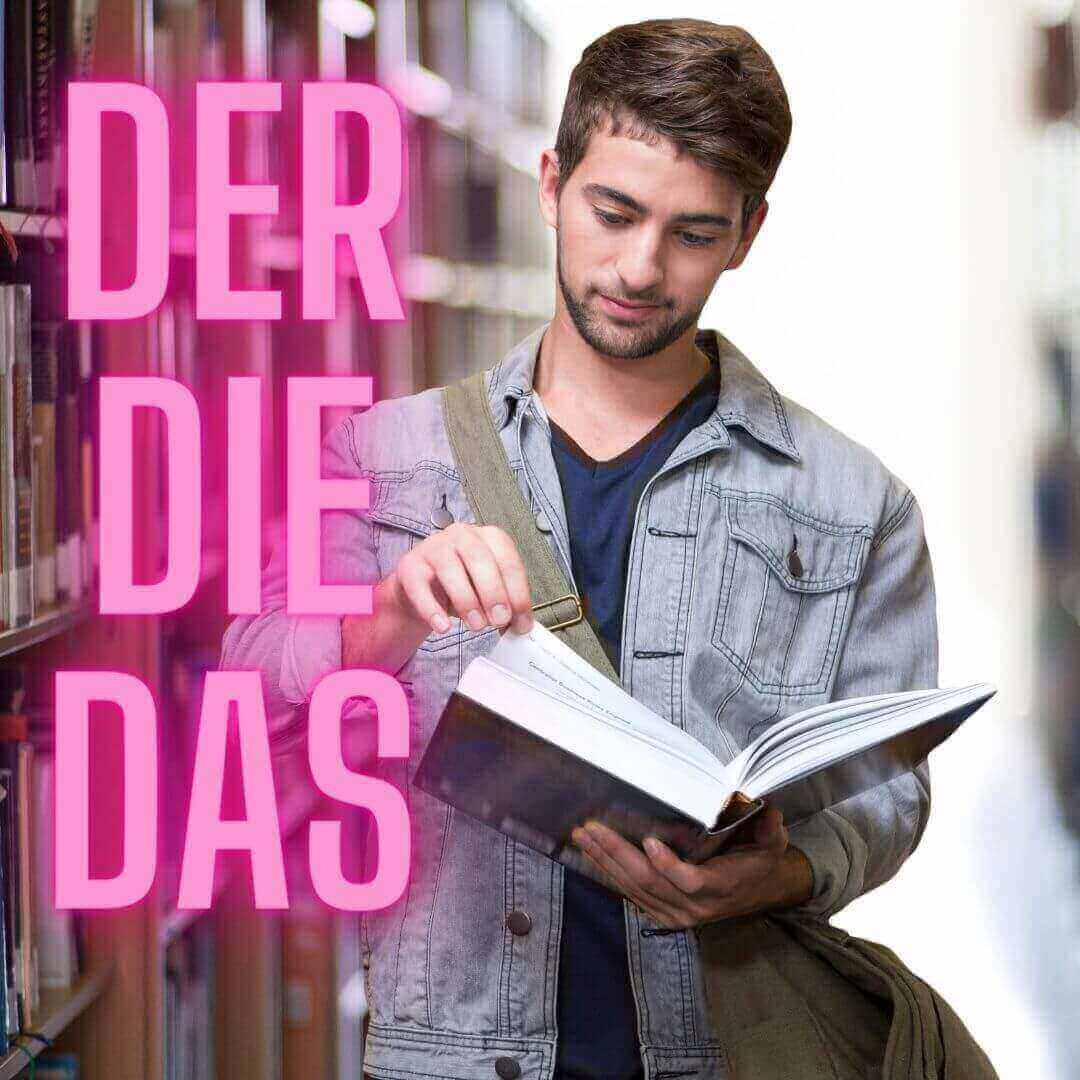 der die das. Mann liest ein Lexikon. Deutsch lernen.