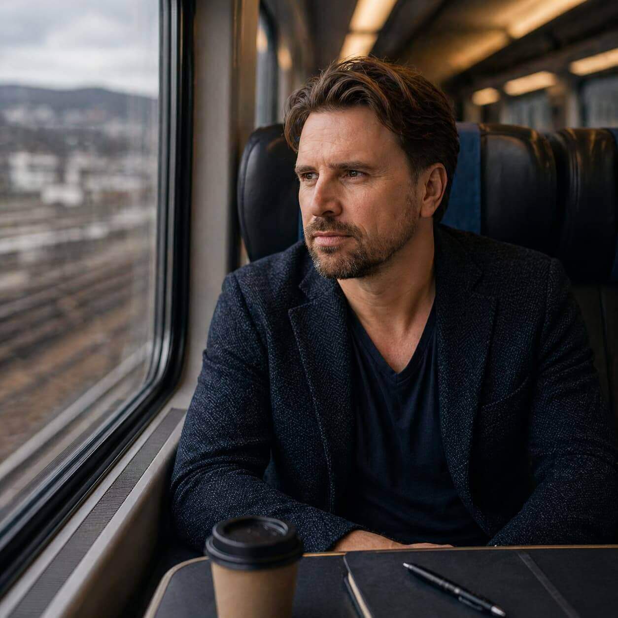 Nachdenklicher Mann sitzt alleine und blickt aus dem Fenster – Symbolbild für Midlife Crisis, Sinnsuche, Verantwortung und die Lebensmitte
