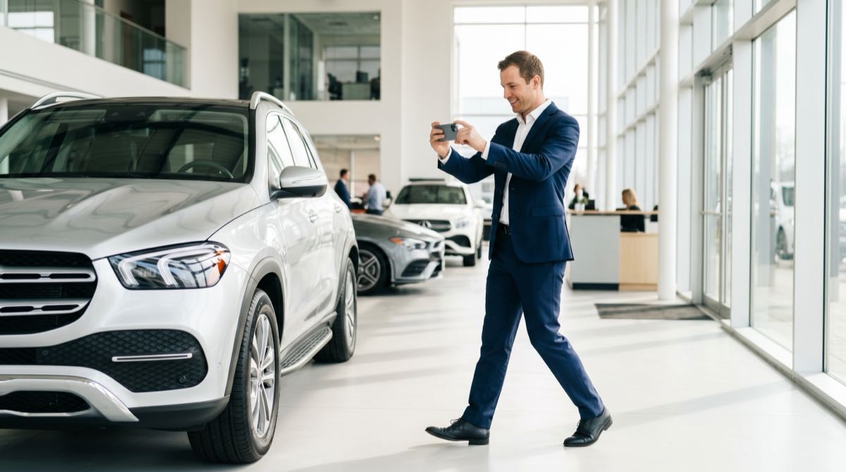 Sales rep filming a car walkaround video in an Audi showroom using VentaVid