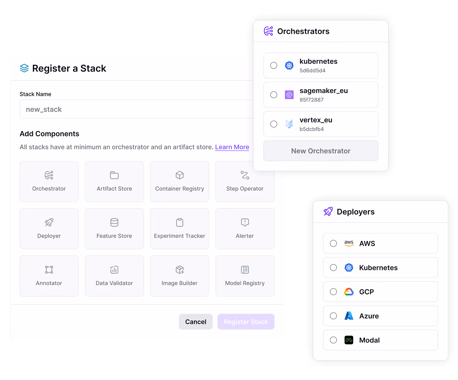 ZenML stack registration form with component grid including orchestrator, artifact store, container registry, and other ML components. Right panel shows available orchestrators like Kubernetes and SageMaker, plus deployer options for major cloud platforms
