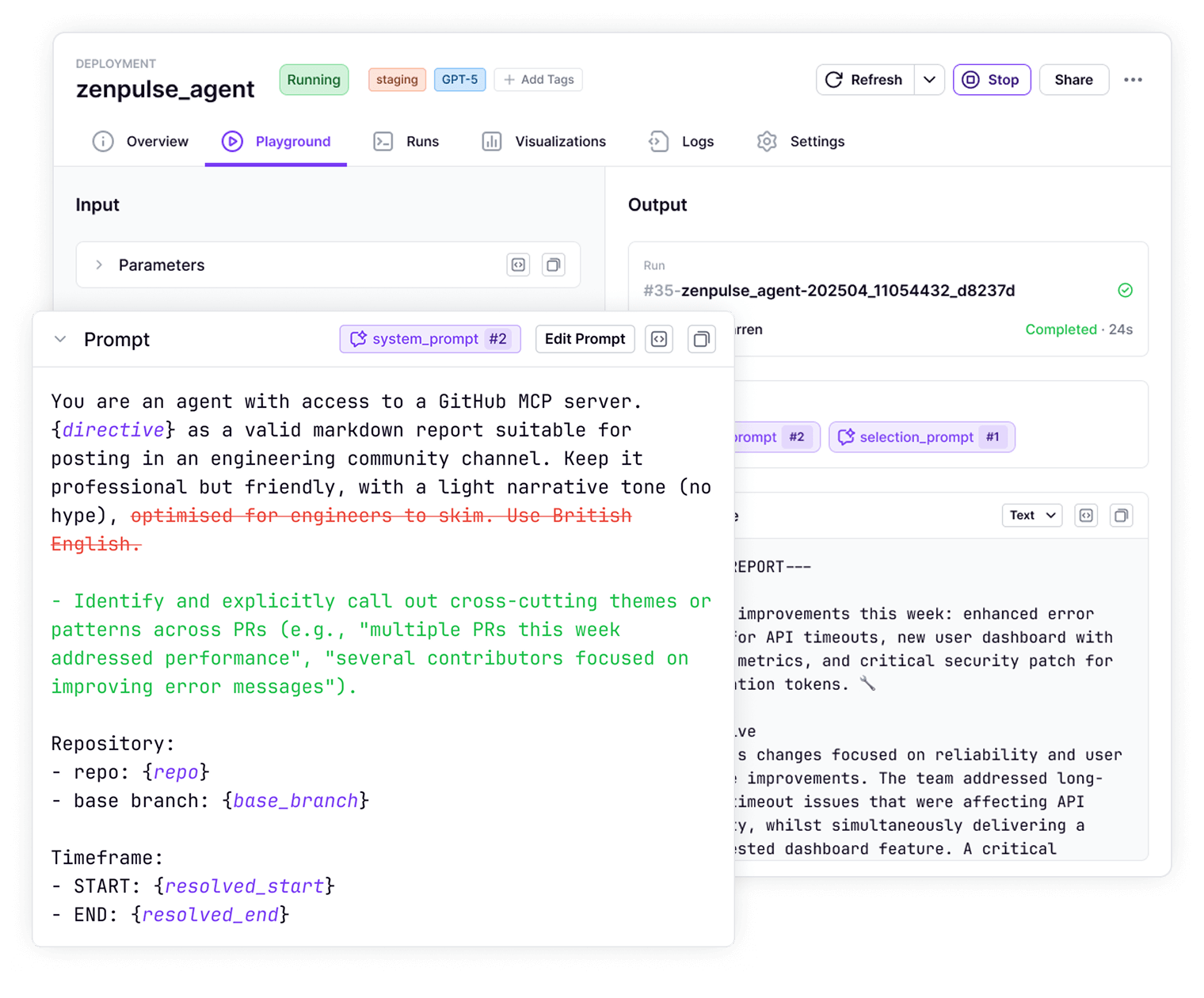 ZenML deployment playground showing a running AI agent with system prompt configuration and output generation for GitHub repository analysis