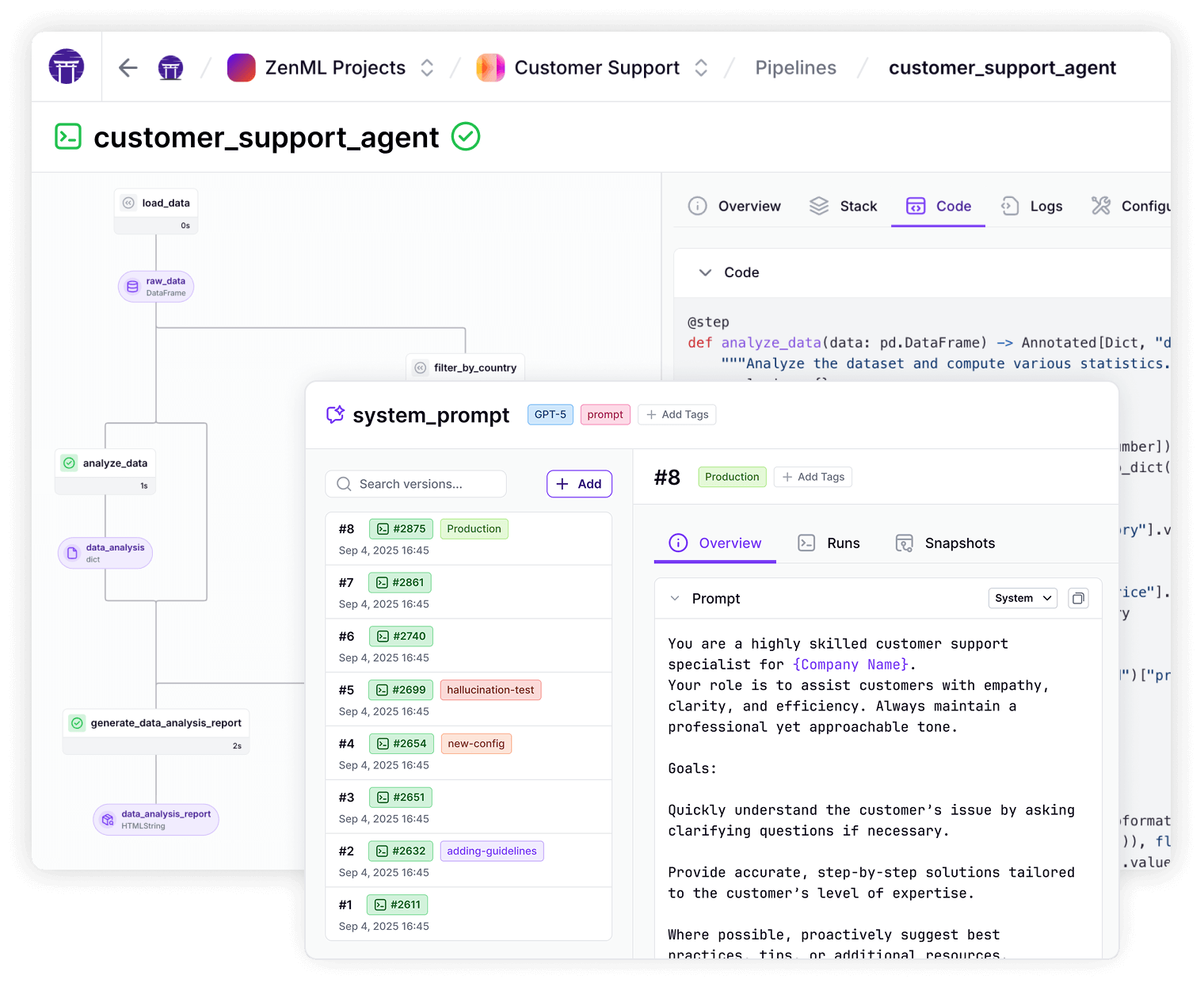 ZenML web interface displaying a completed customer support agent pipeline run with visual workflow graph, step-by-step code breakdown, and versioned artifacts including system prompts and configuration management