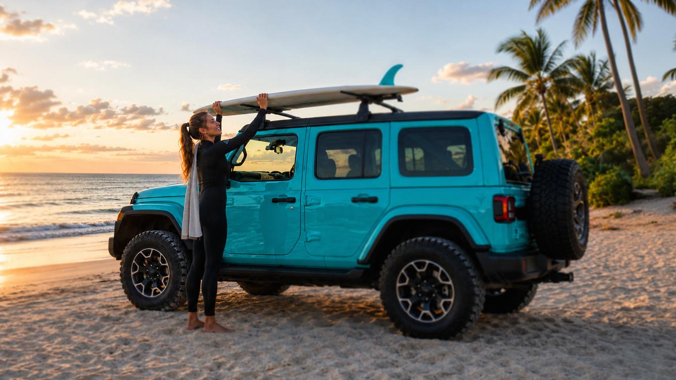 A person lifting a surfboard off a jeep at the beach.