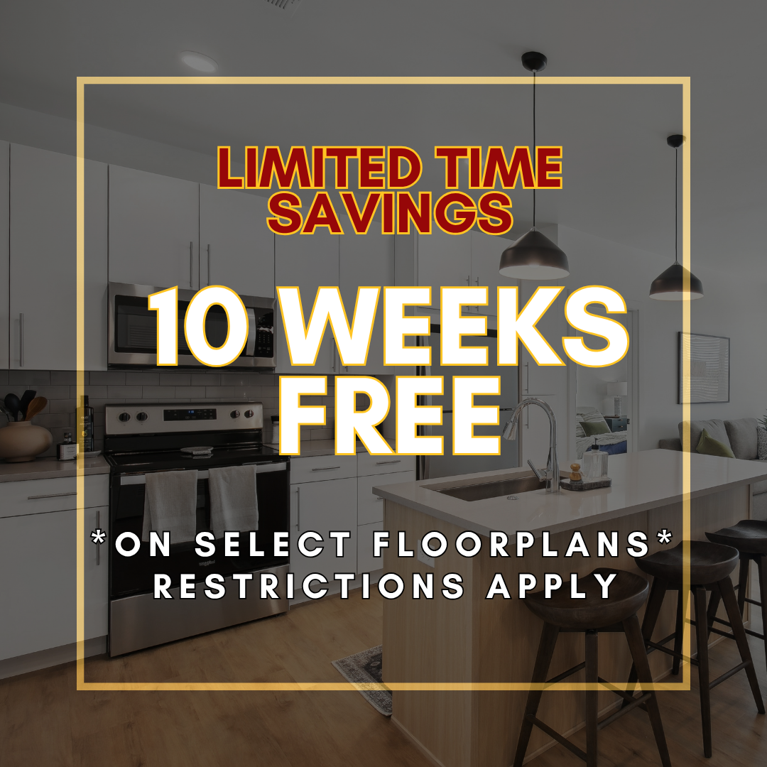 Promotional image offering "Live up to 8 weeks free" on select floor plans, a special leasing offer at Momentum apartments in West Jordan, UT.