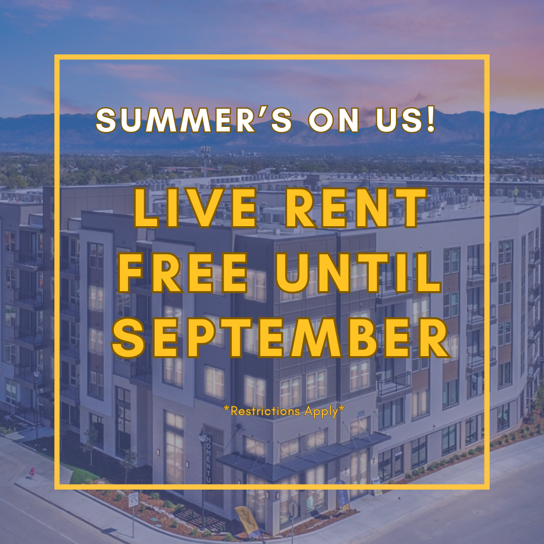 Promotional image offering "Live up to 8 weeks free" on select floor plans, a special leasing offer at Momentum apartments in West Jordan, UT.