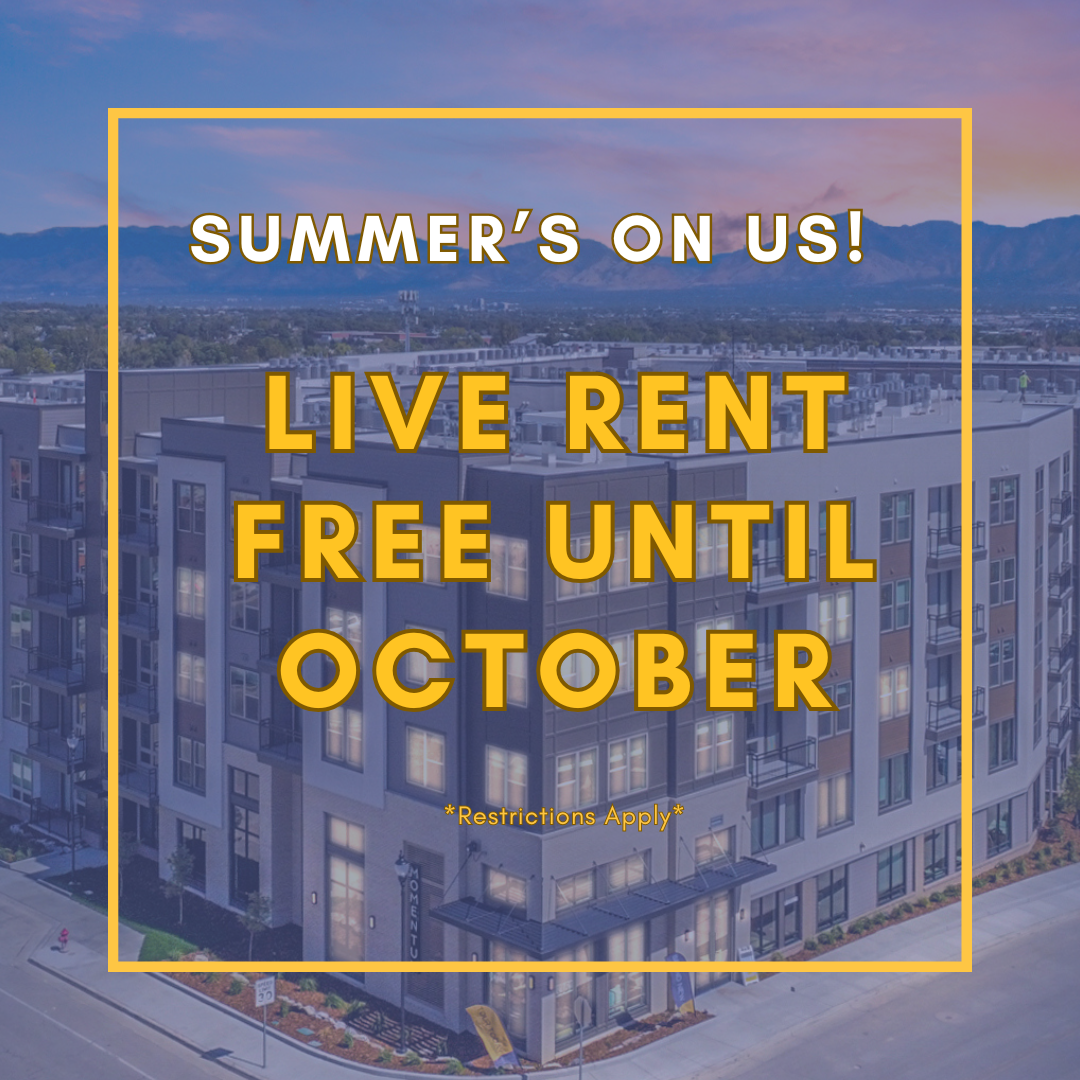 Promotional image offering "Live up to 8 weeks free" on select floor plans, a special leasing offer at Momentum apartments in West Jordan, UT.