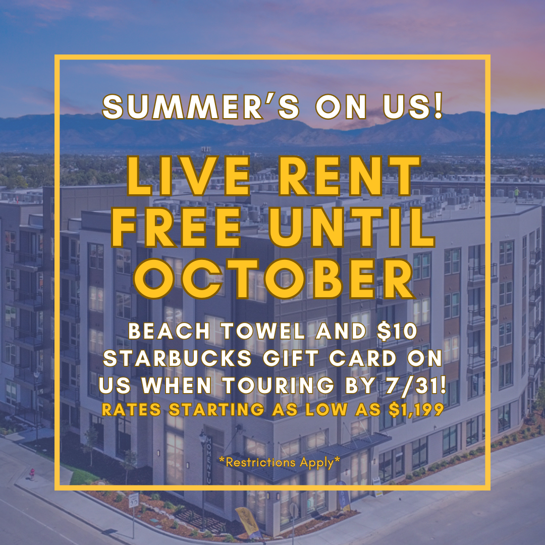 Promotional image offering "Live up to 8 weeks free" on select floor plans, a special leasing offer at Momentum apartments in West Jordan, UT.