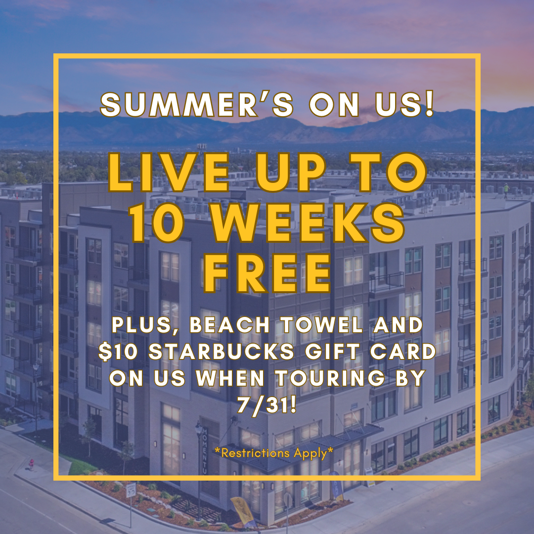 Promotional image offering "Live up to 8 weeks free" on select floor plans, a special leasing offer at Momentum apartments in West Jordan, UT.