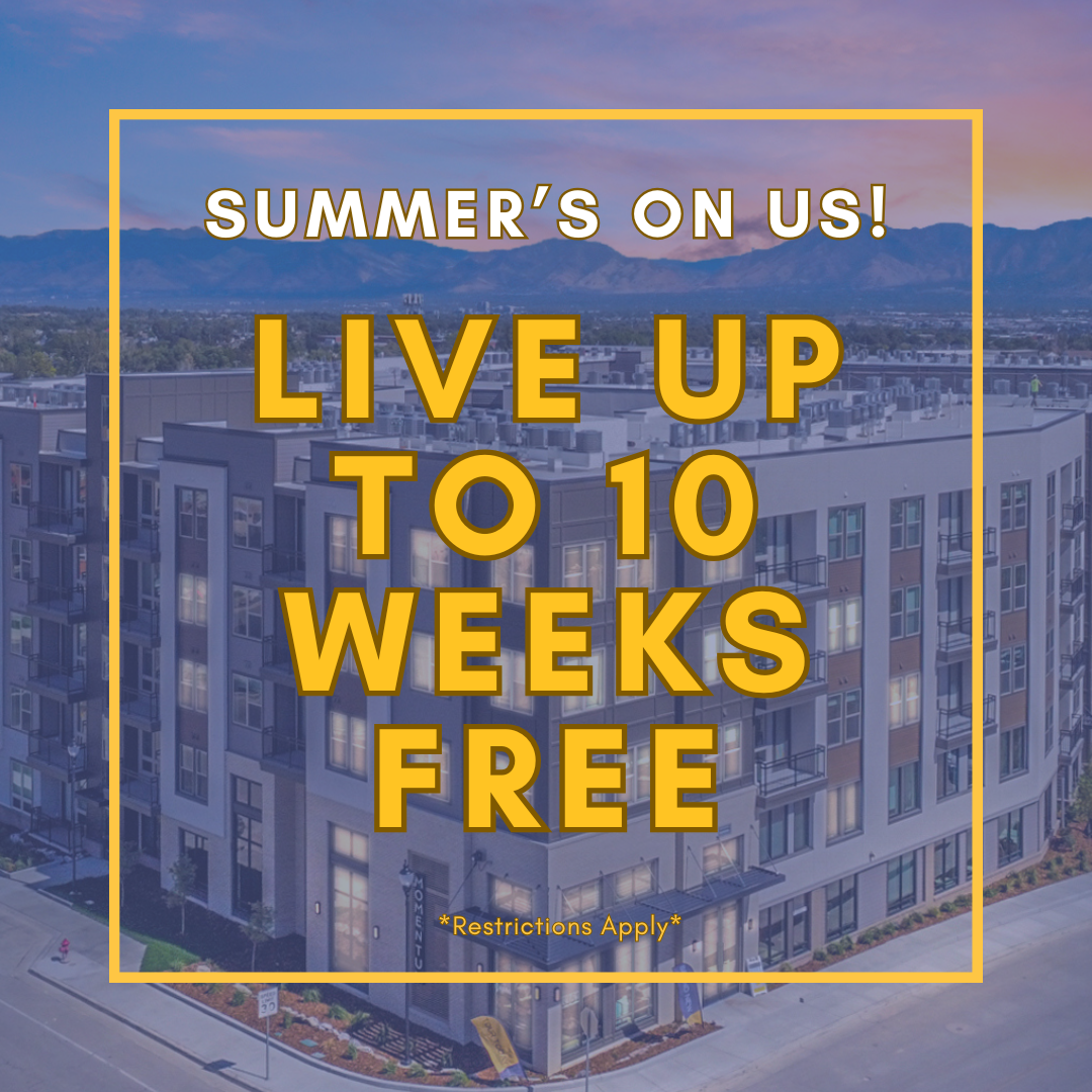 Promotional image offering "Live up to 8 weeks free" on select floor plans, a special leasing offer at Momentum apartments in West Jordan, UT.