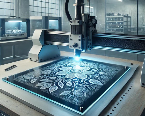 Exemplo de design feito com gravação a laser em vidro.
