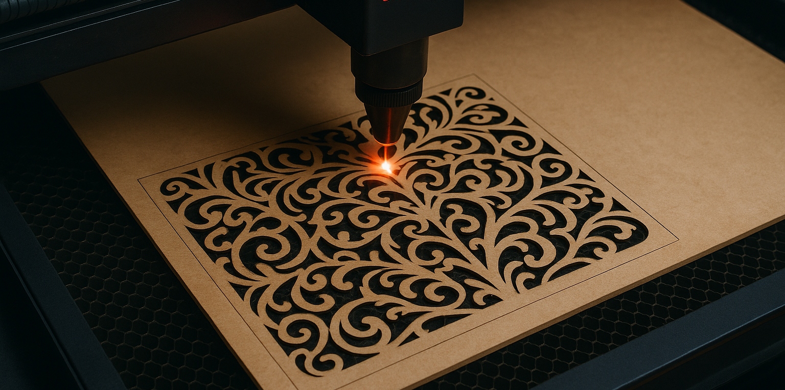 Máquina de corte a laser realizando a criação de um design com corte preciso em placa de MDF.